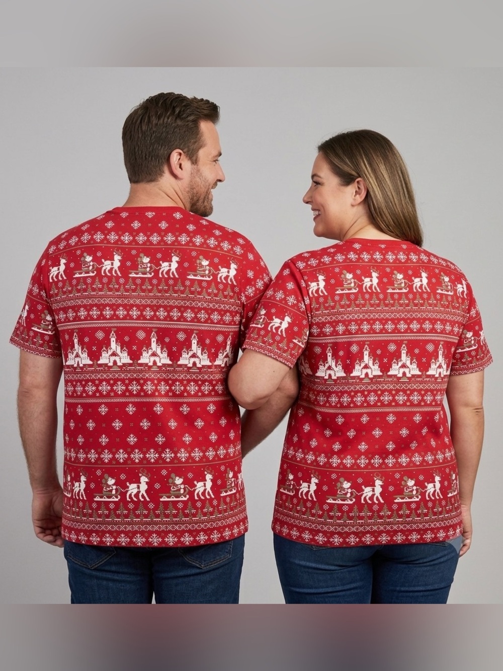 Disney Ugly Christmas Style T Shirts Lot of 2 Red Mickey Mouse Castle Holiday